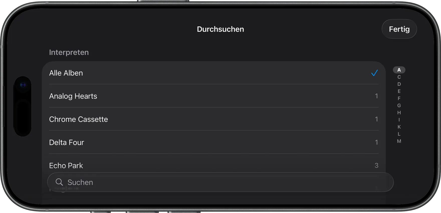 AlbumDeck: Durchsuchen-Ansicht mit A–Z-Leiste für Interpreten