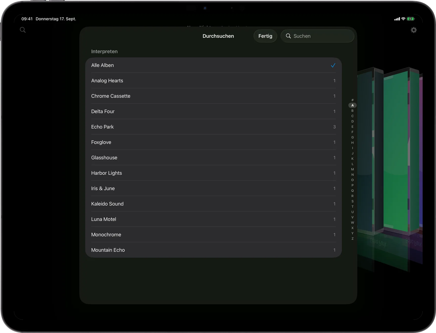 AlbumDeck: Durchsuchen-Ansicht mit A–Z-Leiste für Interpreten