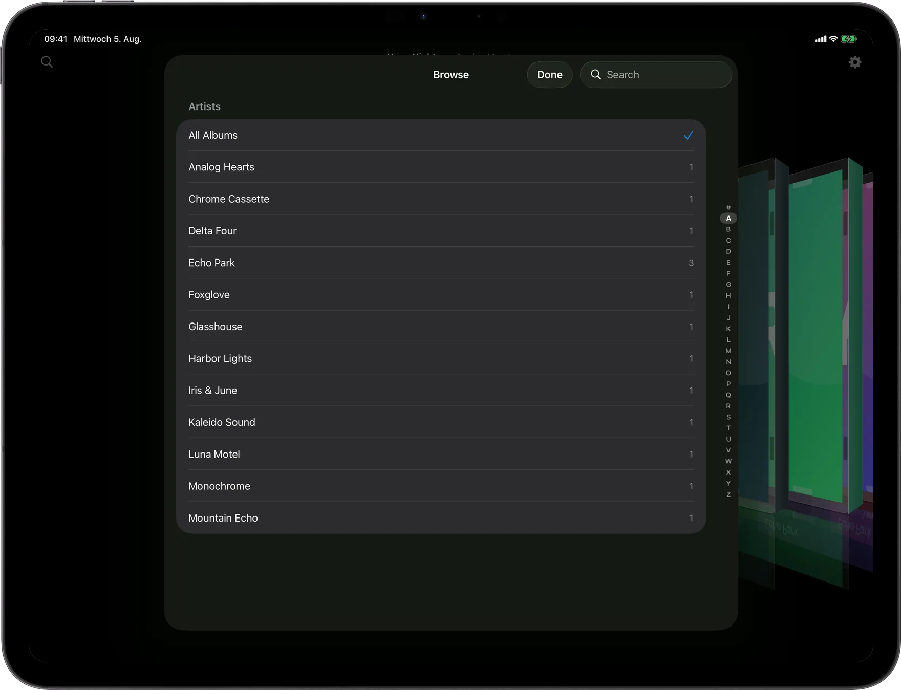 AlbumDeck browse sheet with an A to Z artist index