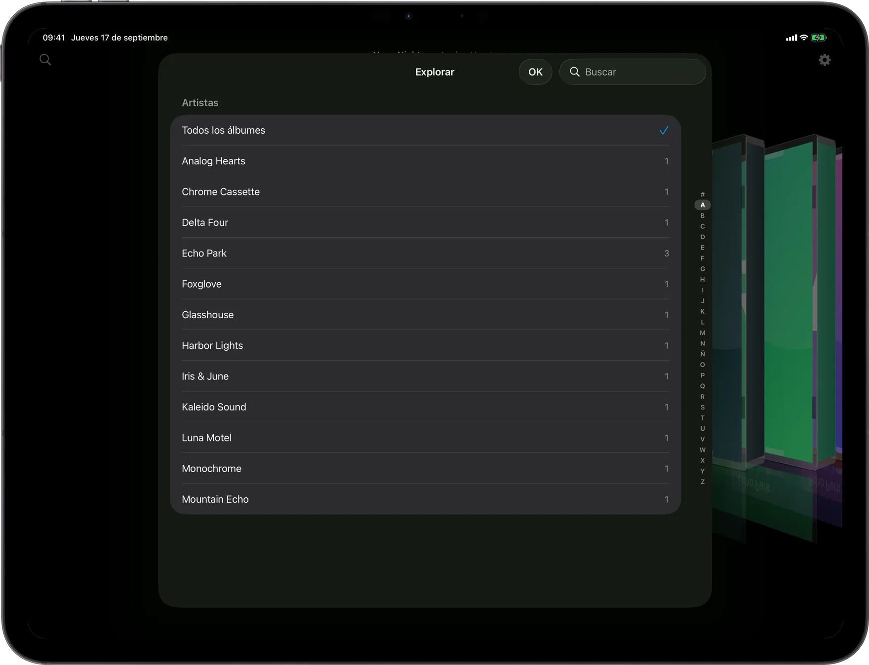 AlbumDeck: vista Explorar con índice alfabético de artistas