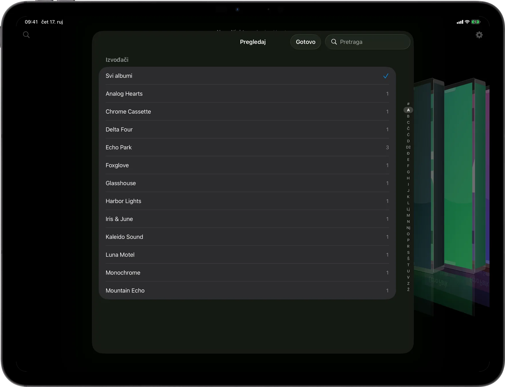 AlbumDeck: prikaz Pregledaj s abecednim kazalom izvođača