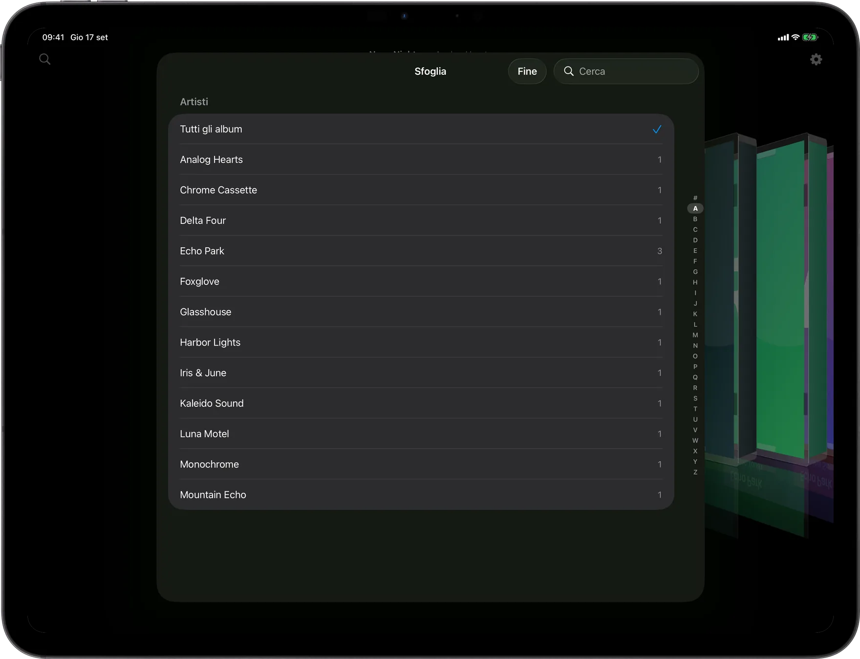 AlbumDeck: schermata Sfoglia con indice alfabetico degli artisti