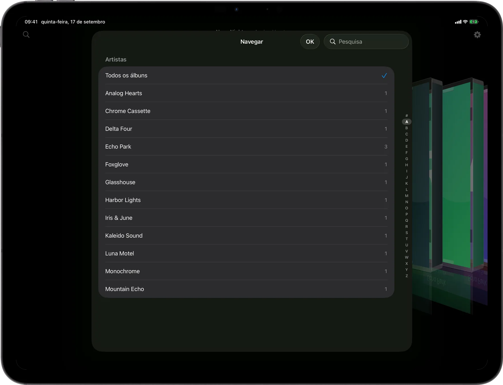 AlbumDeck: vista Procurar com índice alfabético de artistas