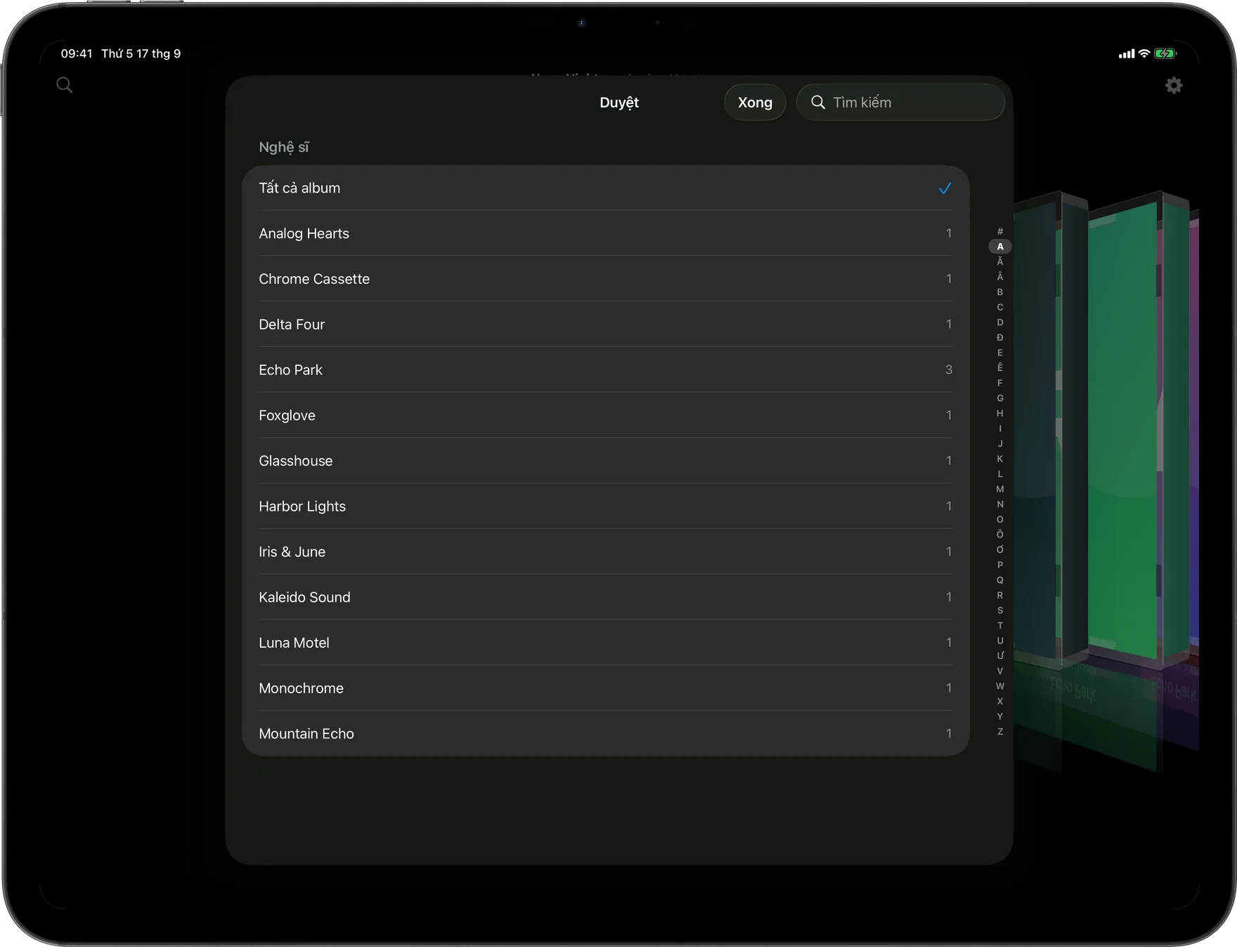 AlbumDeck: màn hình Duyệt với chỉ mục nghệ sĩ theo bảng chữ cái