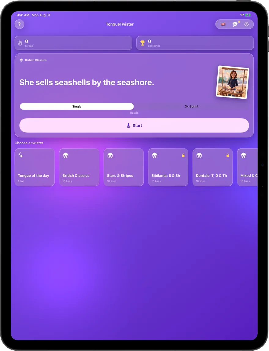 Tongue of the day, two game modes and curated packs — all on one screen.
