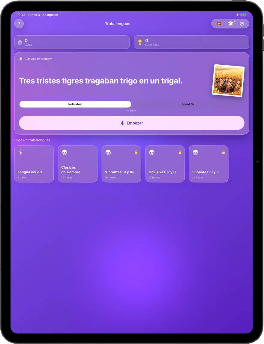 Lengua del día, dos modos de juego y packs curados — todo en una pantalla.
