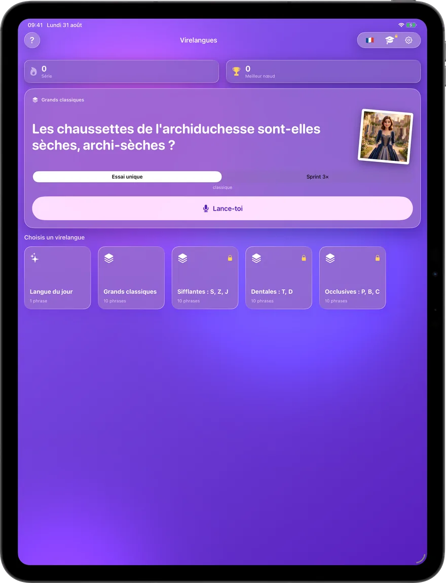 Langue du jour, deux modes de jeu et packs sélectionnés — tout sur un seul écran.