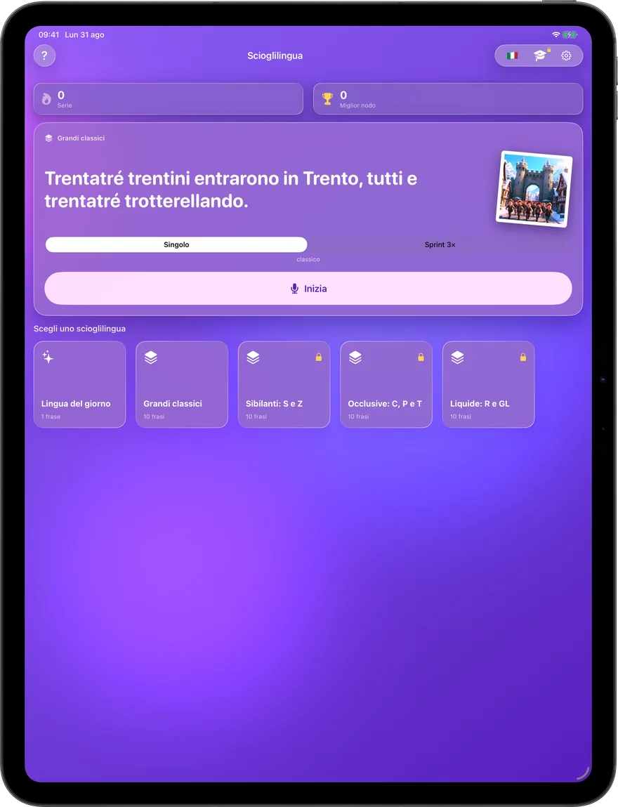Scioglilingua del giorno, due modalità di gioco e pack curati — tutto in una schermata.