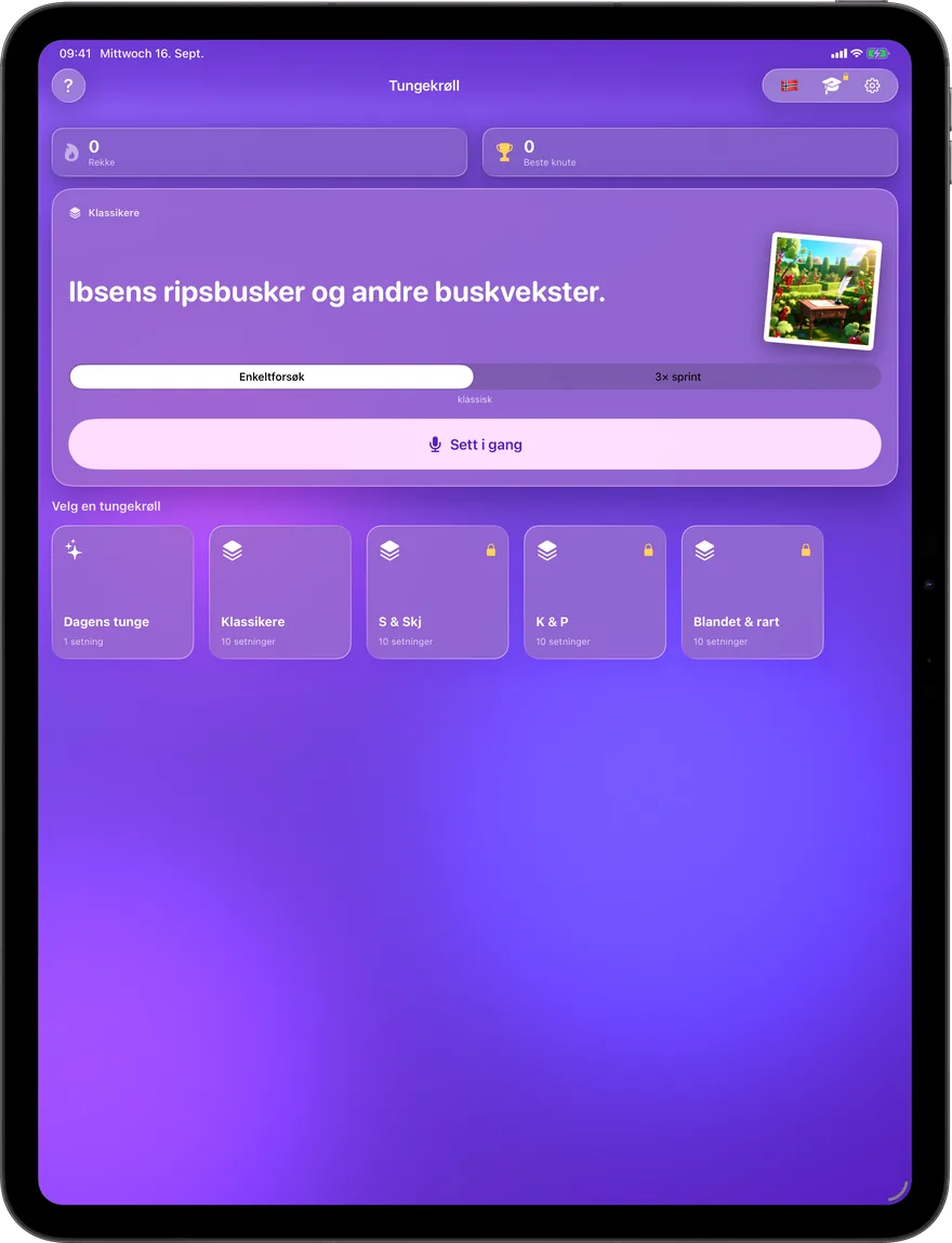 Dagens tunge, to spillmoduser og kuraterte pakker — alt på én skjerm.