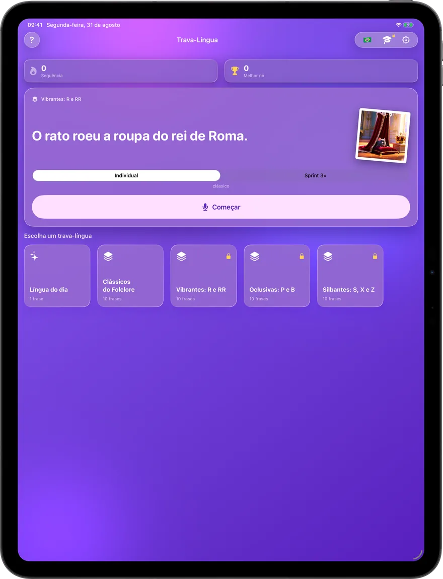 Língua do dia, dois modos de jogo e packs curados — tudo em uma tela.