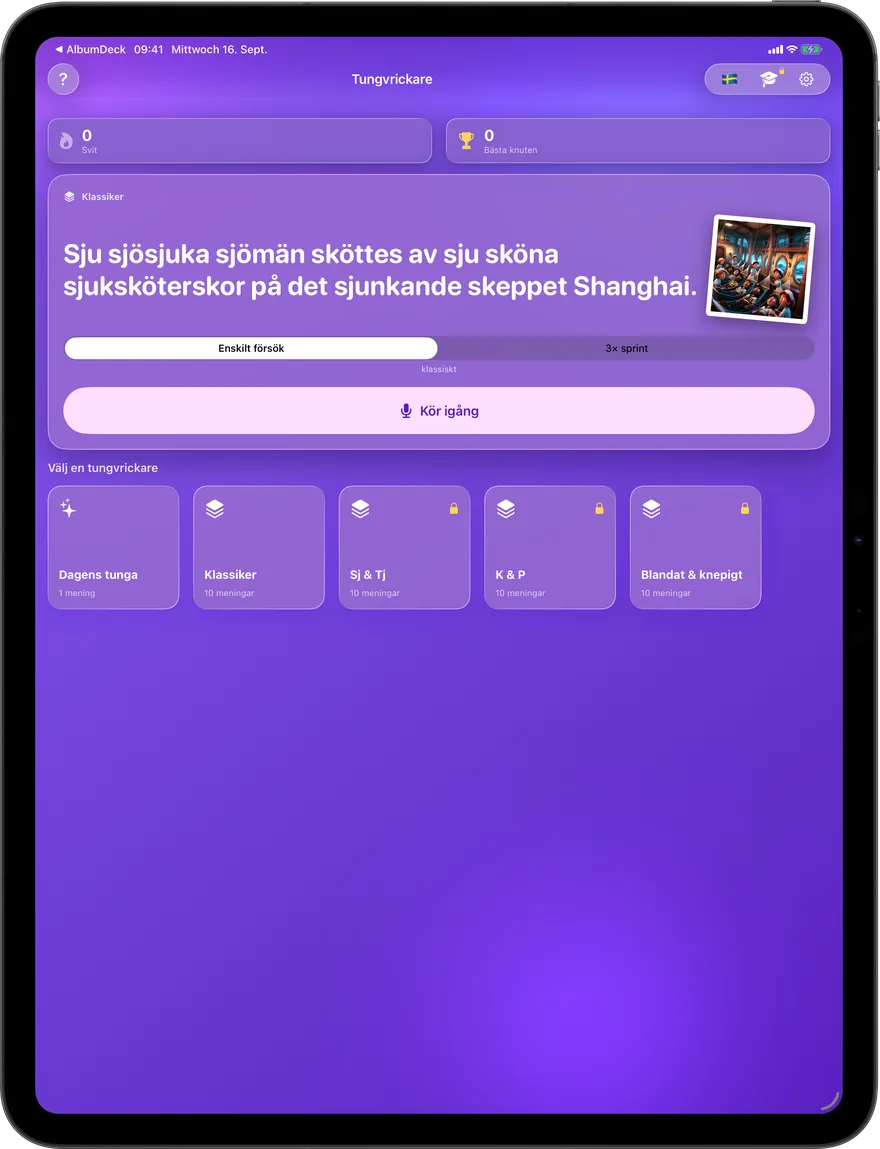 Dagens tunga, två spellägen och kuraterade paket — allt på en skärm.