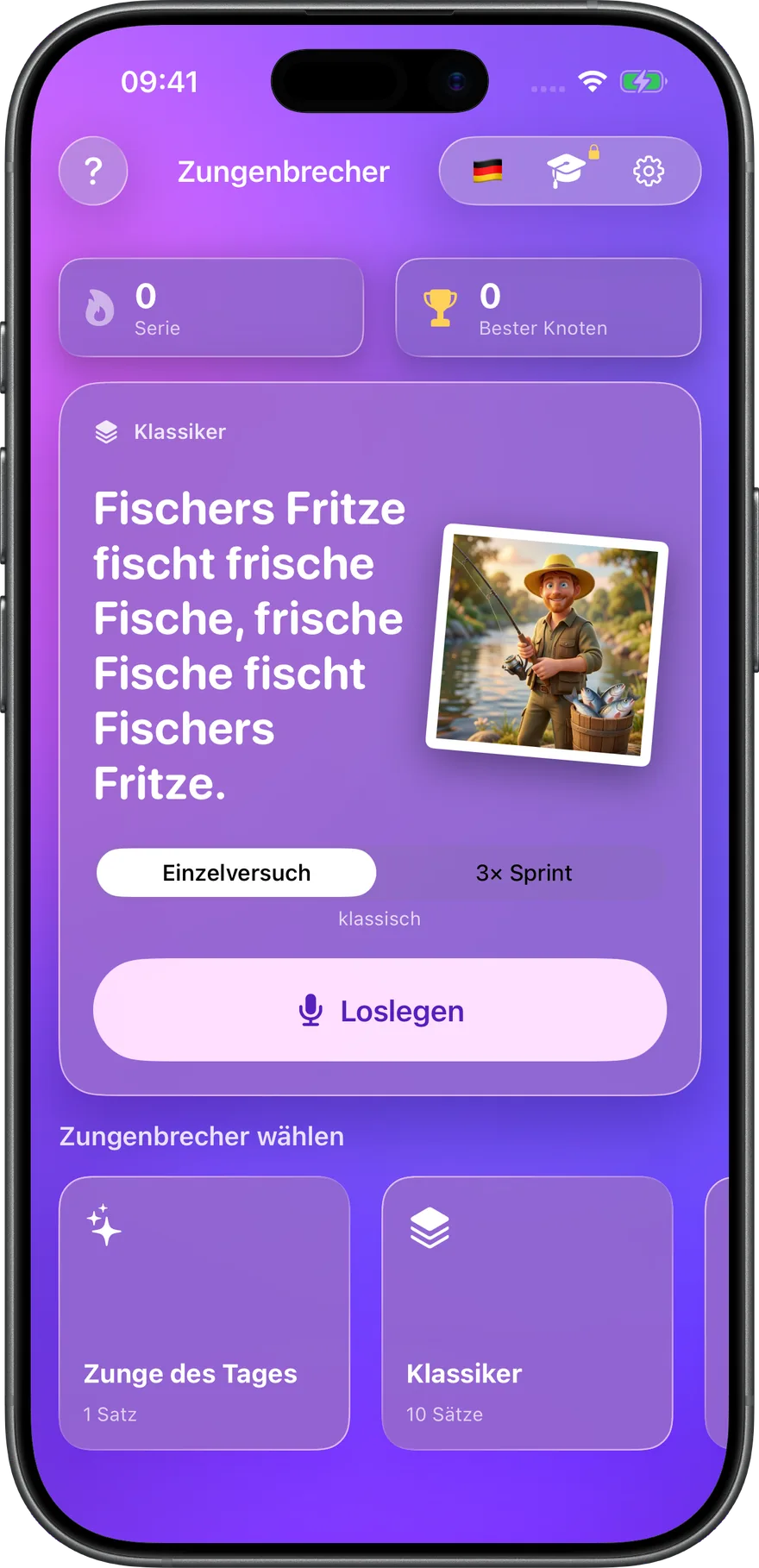 Zunge des Tages, zwei Spielmodi und kuratierte Packs — alles auf einem Screen.