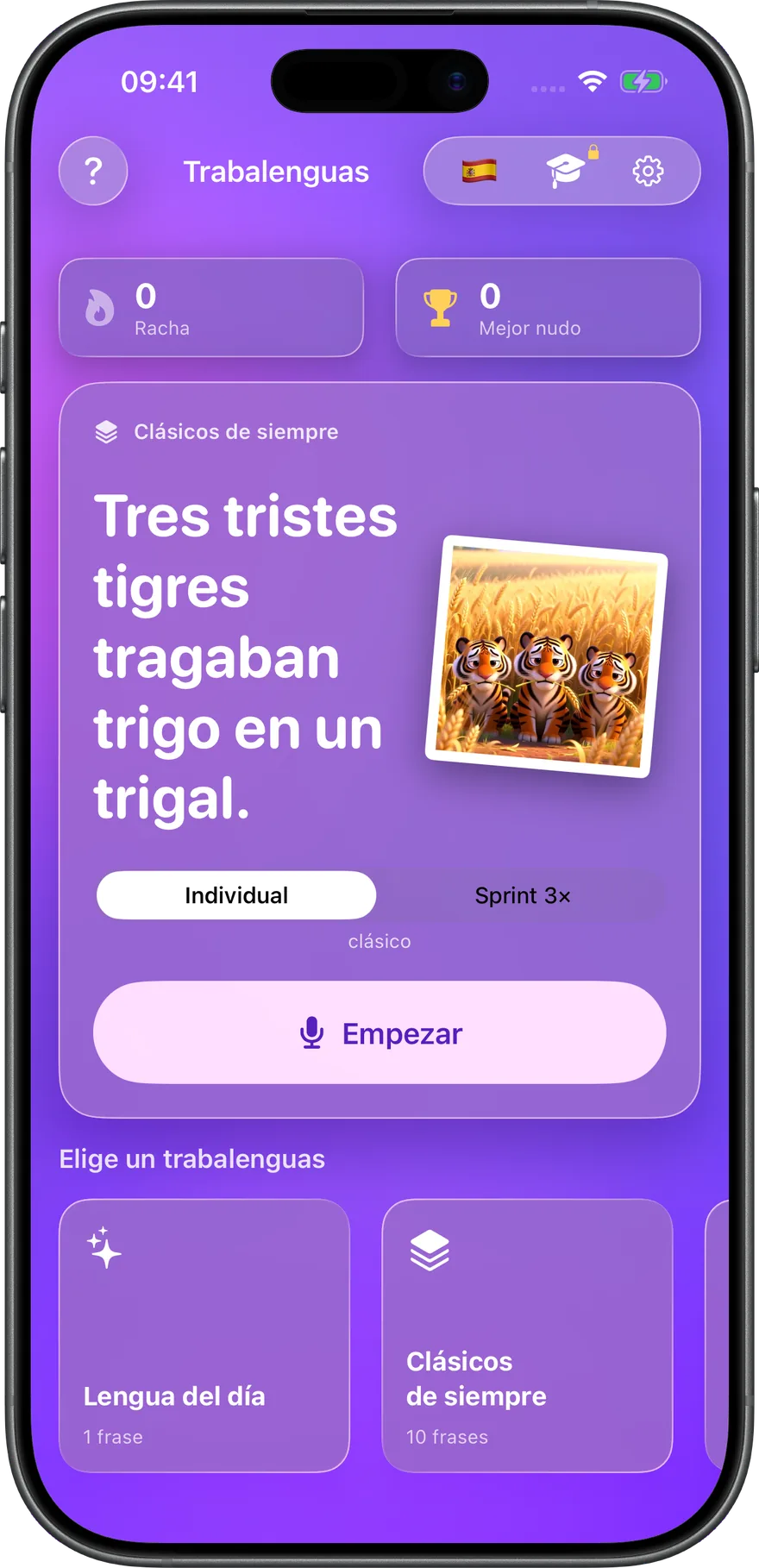 Lengua del día, dos modos de juego y packs curados — todo en una pantalla.