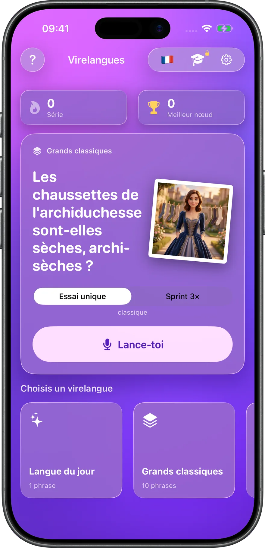 Langue du jour, deux modes de jeu et packs sélectionnés — tout sur un seul écran.