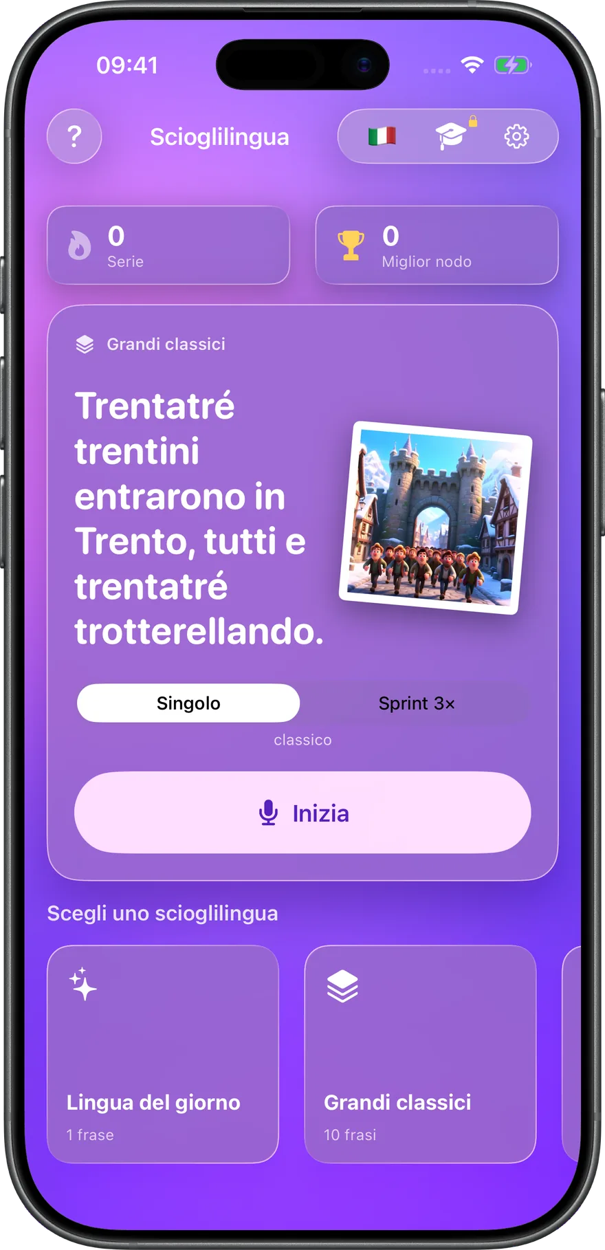 Scioglilingua del giorno, due modalità di gioco e pack curati — tutto in una schermata.