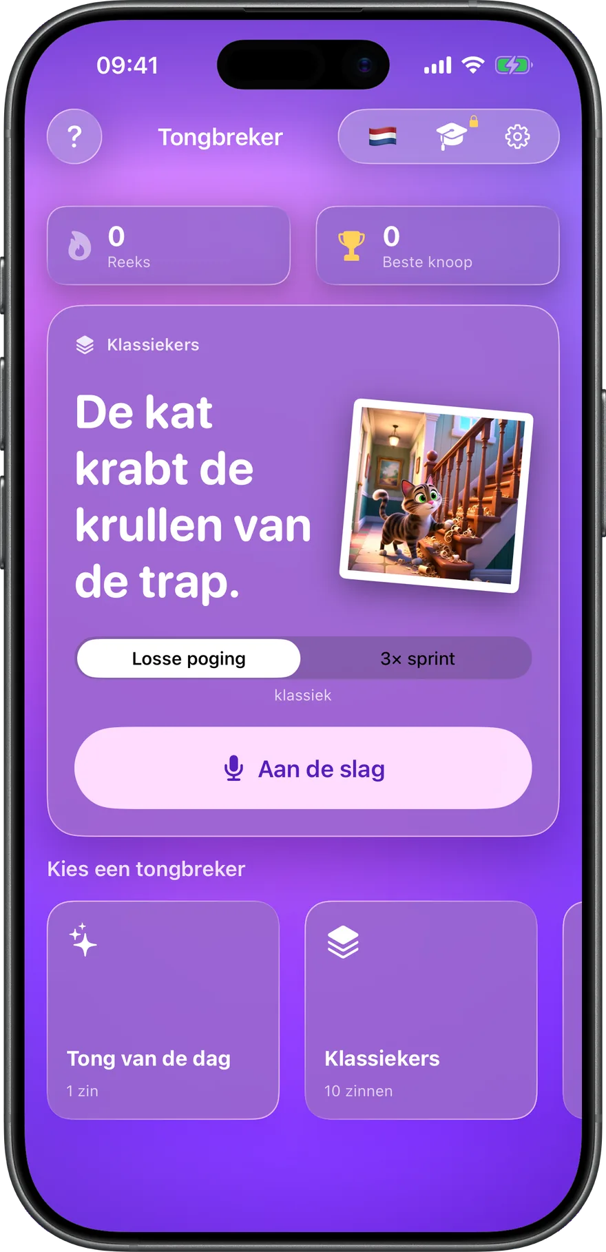 Tong van de dag, twee spelmodi en gecureerde pakketten — alles op één scherm.