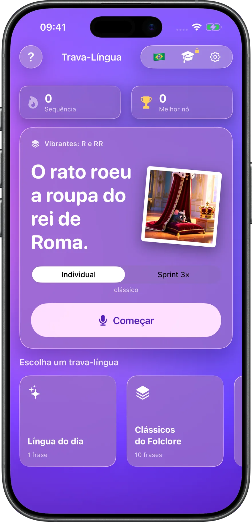 Língua do dia, dois modos de jogo e packs curados — tudo em uma tela.