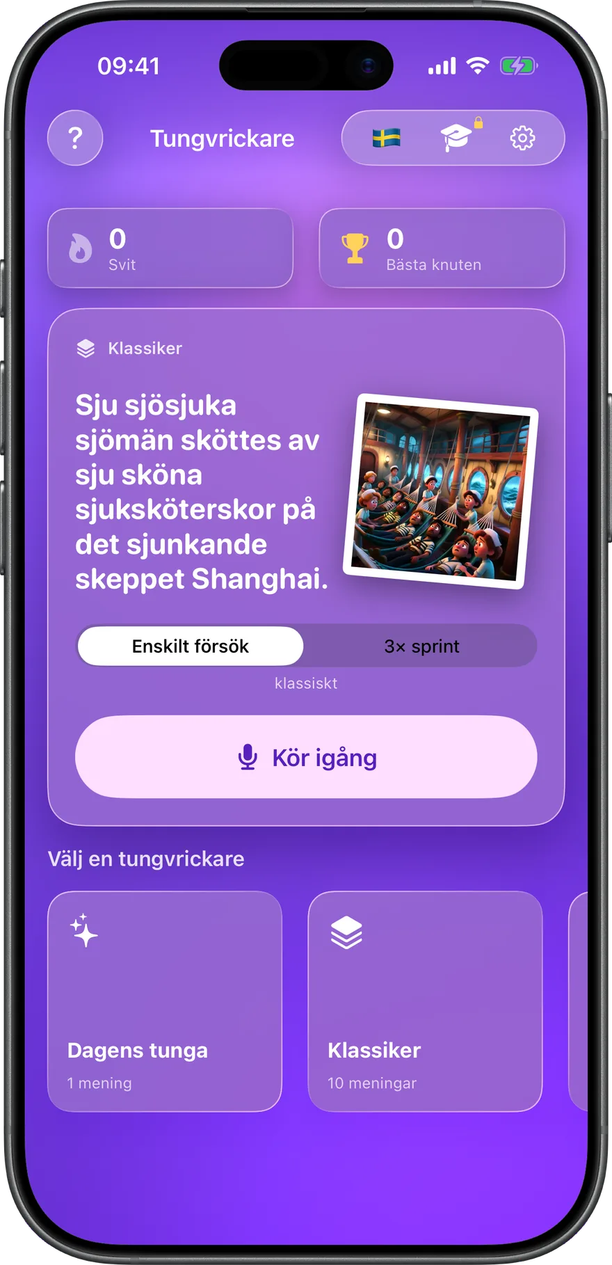 Dagens tunga, två spellägen och kuraterade paket — allt på en skärm.
